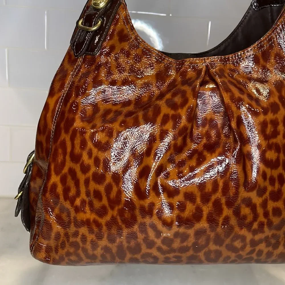 Coach Purse Handbag Leather Maggie Mia Ocelot Gloss Patent Hobo Shoulder Bag